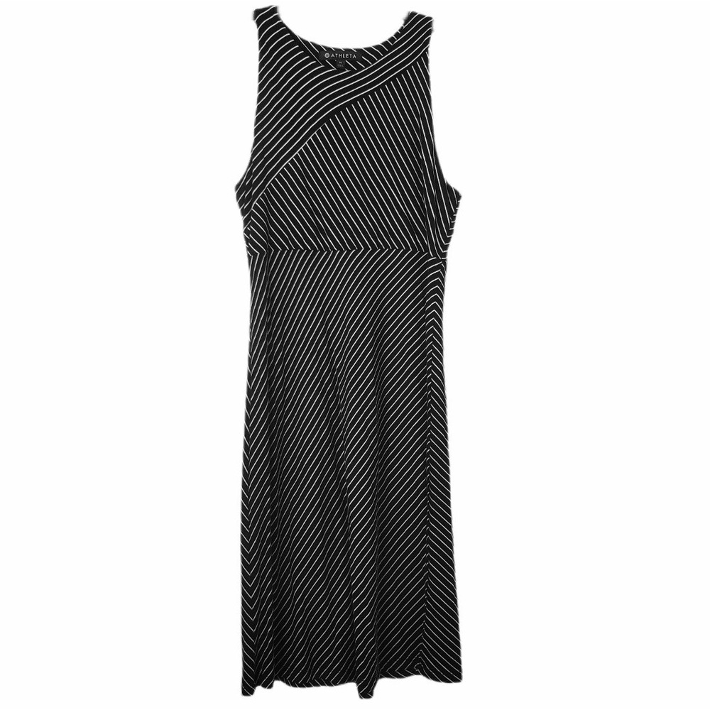 Athleta‎ Santorini Black & White High Neck Mix Stripe Knit Midi Travel Dress - Picture 2 of 13